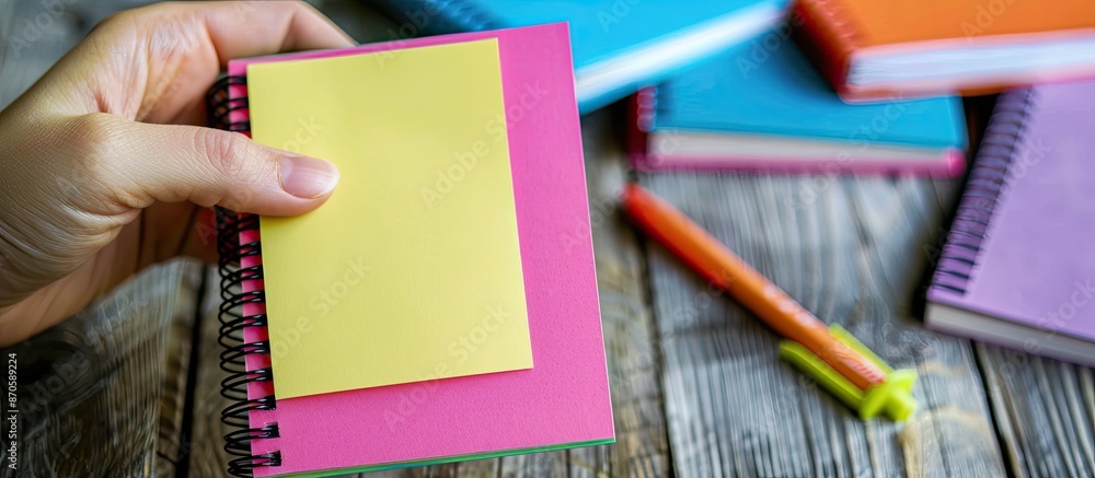 Poster Close-up of blank post-it note on a notebook with copy space image surrounded by other notebooks on a wooden background for a business idea concept.