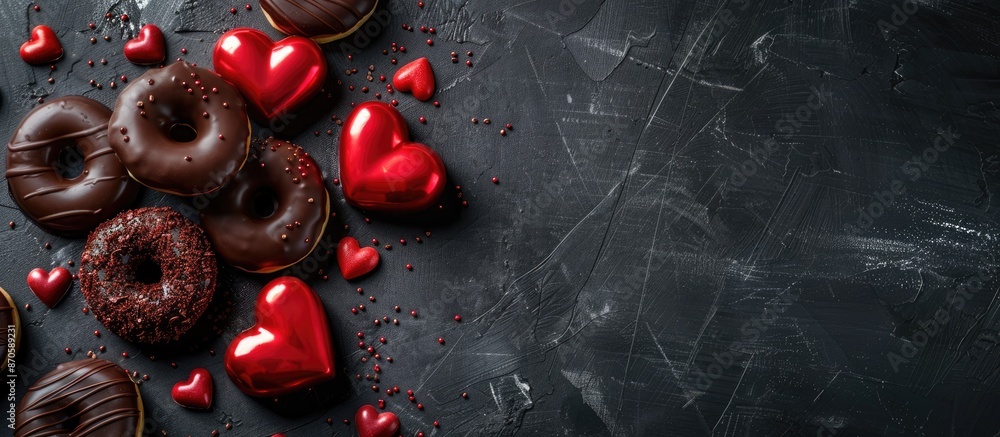 Poster dark background with copy space image showcasing heart-themed chocolate and glazed donuts, a delight