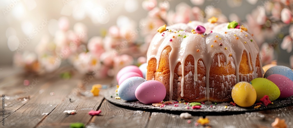 Poster easter cake adorned with glossy icing and decorative elements on a postcard featuring easter bread, 