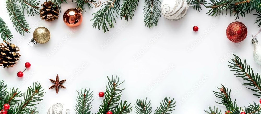 Poster festive composition with blank card, fir branches, and christmas ornaments on a white backdrop with 