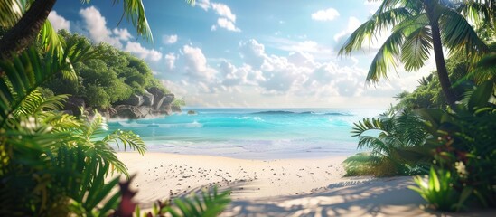 Beach vacation during a sunny season with lush greenery, ideal for a relaxing holiday with ample space for adding your own images.