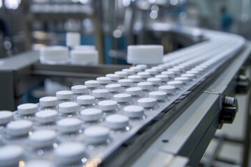 Obraz premium Explore the meticulous process of pharmaceutical packaging with studio isolate shots capturing the medicine tablet production line.