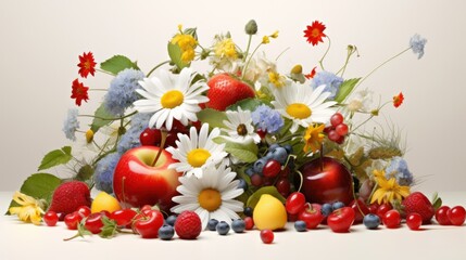 A daisy flower in the style of a classic still life painting, surrounded by other fruits and flowers, creating a harmonious composition.