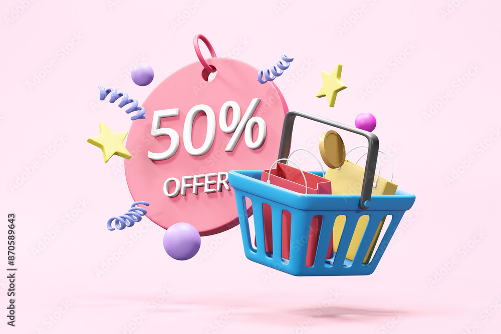 Aufkleber a dynamic 3d render illustrating the excitement of online shopping with floating elements of a 50% d