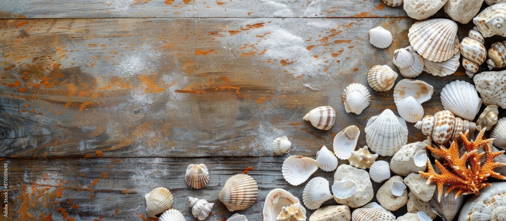 Poster elegant arrangement of white marble stones and seashells on a wooden backdrop with ample copy space 