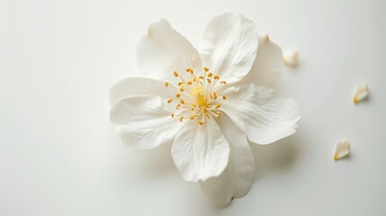 A delicate white jasmine blossom with delicate gold accents, exuding a sweet fragrance against a soft white background.