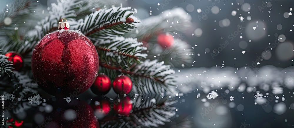 Poster close-up image of a red christmas tree ornament, red balls, and green fir on a snowy black backgroun