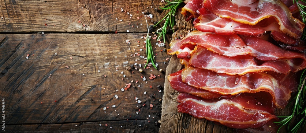 Aufkleber Bacon slice on a rustic table as a food background with copy space image, suitable for eating or cooking as an appetizer or meal.