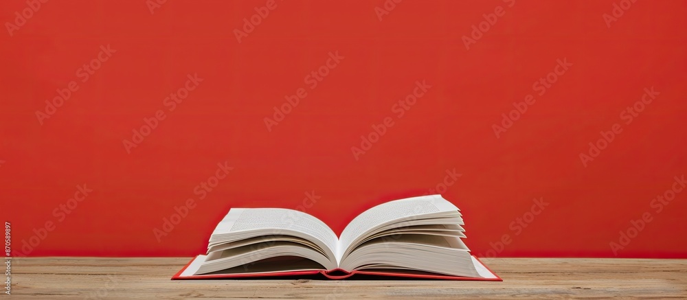 Aufkleber Close-up side view shot of an open text book on a wooden desk against a red background, portraying a back-to-school or education concept with visible pages and copy space image.