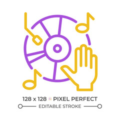 Vinyl music record pixel perfect two color line icon. Old school sound system. Vintage audio equipment. Disco bicolor outline symbol. Duotone linear pictogram. Isolated illustration. Editable stroke