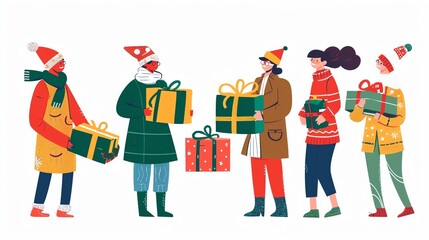Holiday celebrations, gift exchange, holiday spirit, flat design illustration,