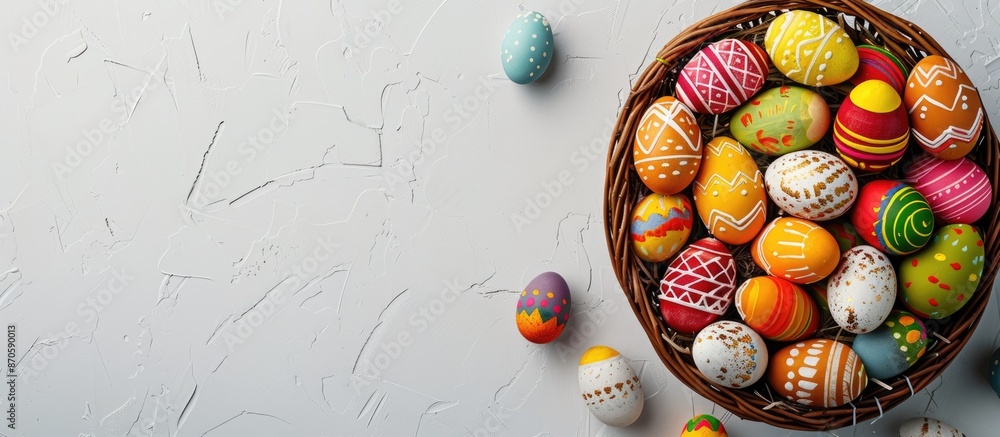 Aufkleber An arranged display of colorful Easter eggs in a basket set against a plain white backdrop with room for text. A top-down view showing a festive arrangement with a flat layout alongside the copy