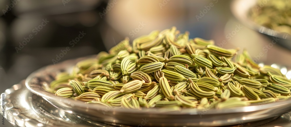 Poster Close-up view of fennel seeds displayed on a shiny silver plate, with a clear background for a copy space image.