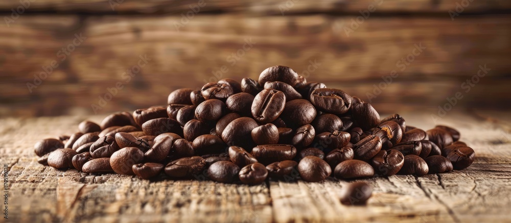 Poster Close-up view of a pile of coffee beans against a wooden backdrop with room for text in the picture. image with copy space
