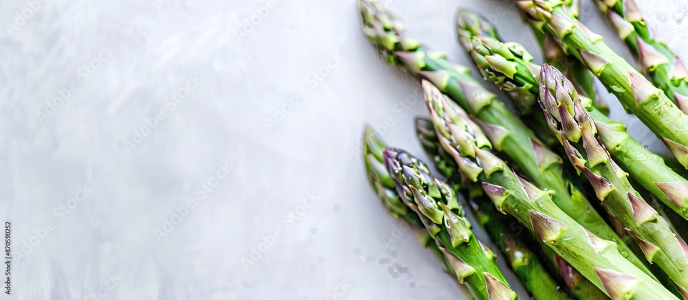 Poster close-up of fresh asparagus spears on a white background with selective focus, ideal for copy space 