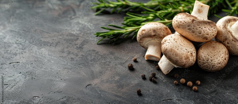 Poster Champignon mushrooms displayed on a table with ample copy space image.
