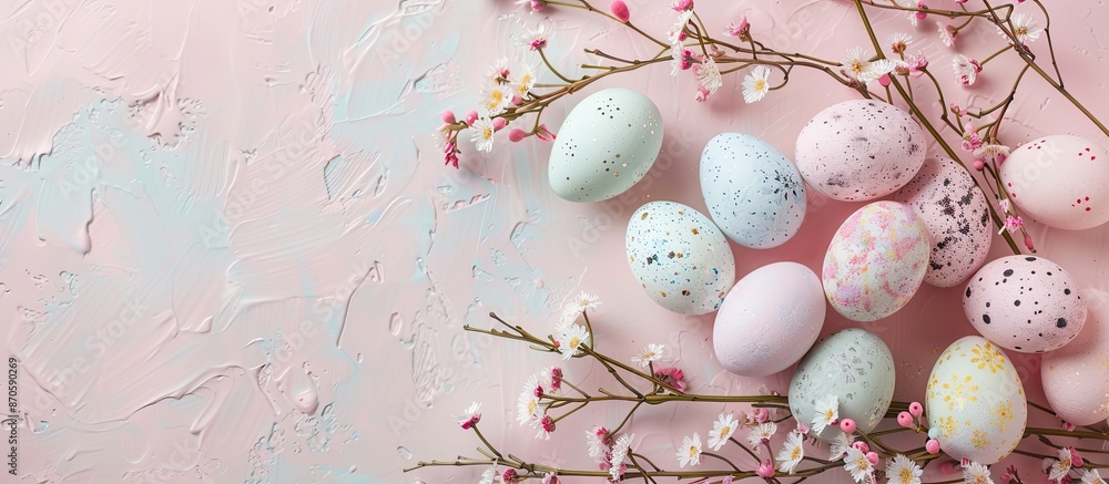 Poster easter decoration with pastel colored eggs, perfect for creating a festive atmosphere with a copy sp