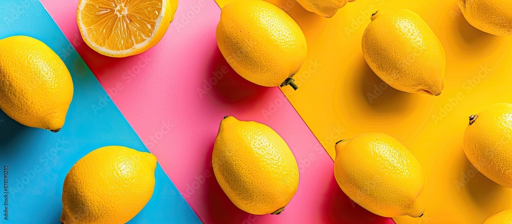 Poster Flat lay of vibrant fresh lemons arranged on a colorful backdrop with copy space image.