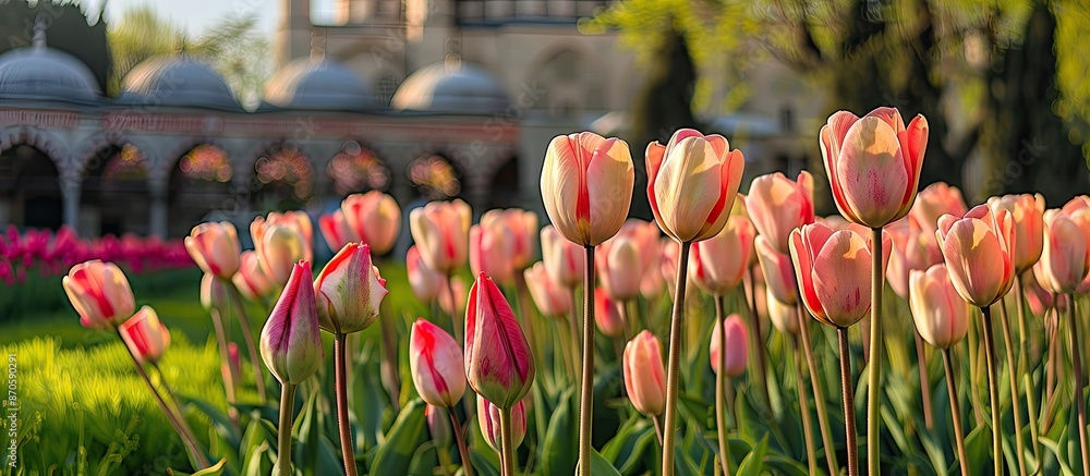 Poster Beautiful tulips bloom in the Topkapi Palace garden, creating a stunning display perfect for a copy space image.