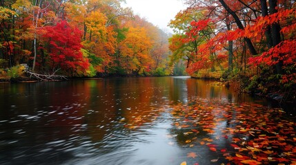 Serene Autumn Landscape: Colorful Forest with Tranquil River