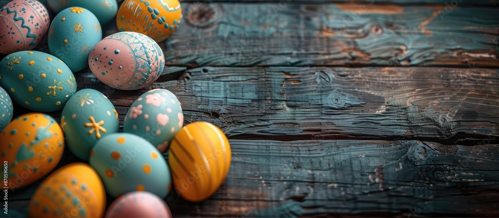 Poster easter-themed with eggs on wooden backdrop featuring a copy space image.