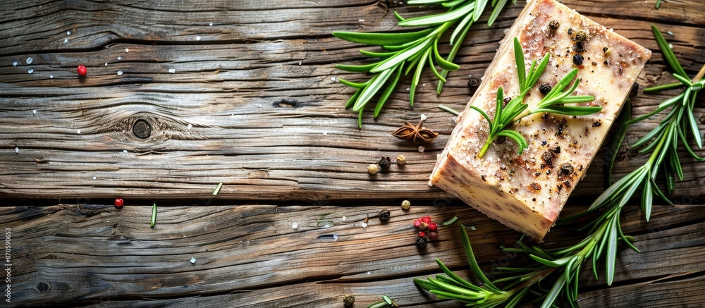 Poster Cheese steak displayed with rosemary and spices on a wooden background, featuring empty space for text or copy space image.