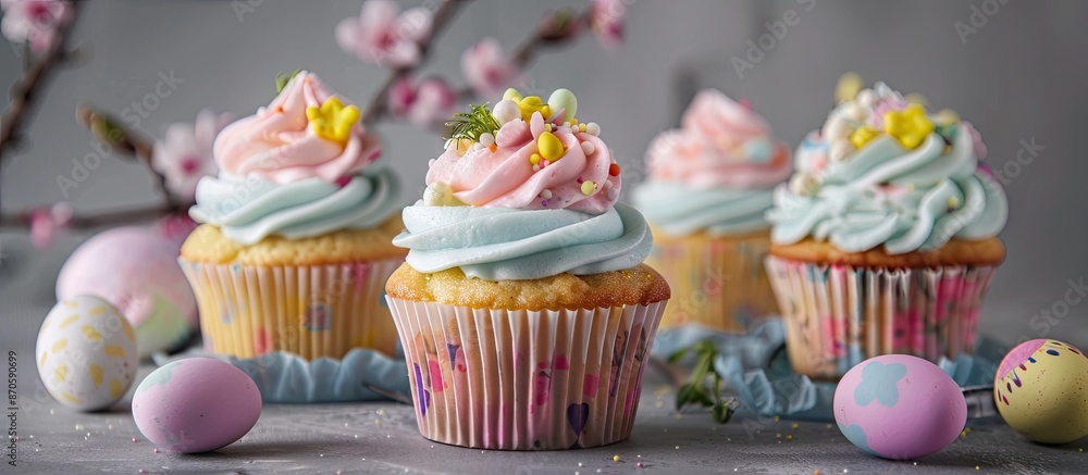 Poster Delicious Easter cupcakes displayed on a neutral grey backdrop with copy space image.