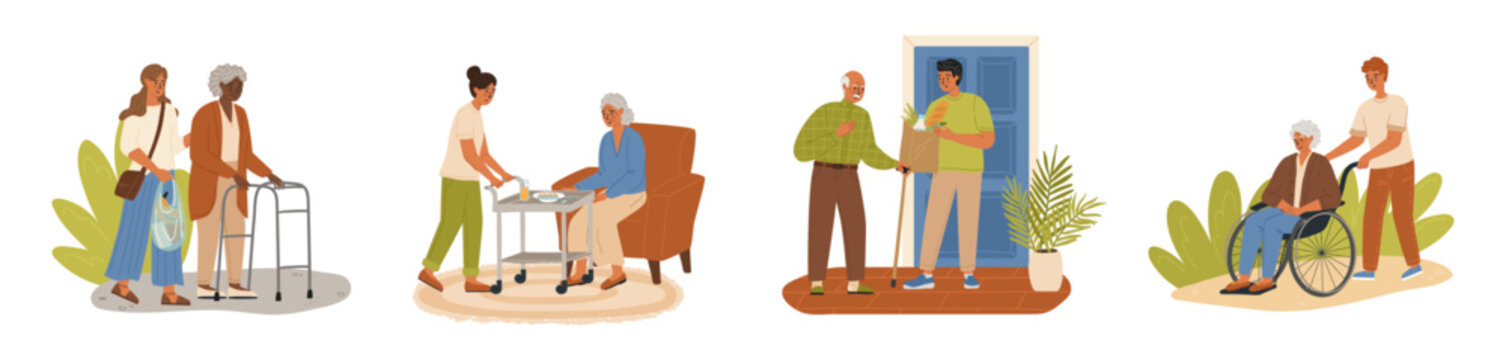 Old people and caregivers cartoon characters isolated scene set