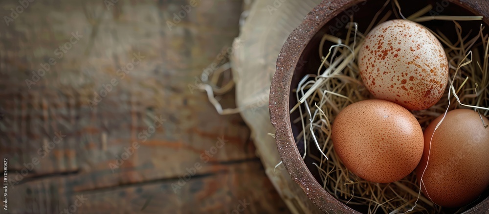 Poster Close-up of a bowl with fresh chicken eggs and dried straw on a table, ideal for adding text with copy space image.