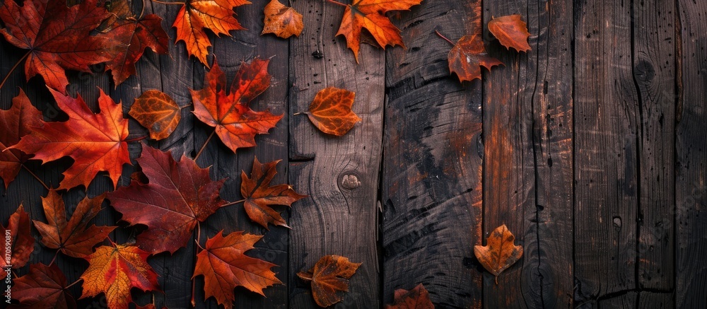 Aufkleber autumn leaves on a wooden surface backdrop with ample copy space image.