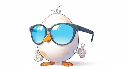 Naklejka premium Funny egg character wearing blue sunglasses, cool cartoon egg with thumbs up gesture, humorous white egg mascot on white background