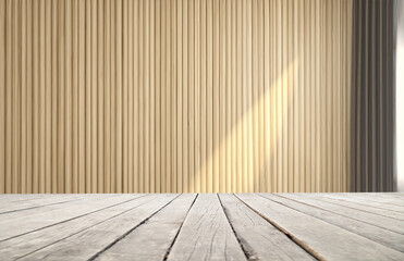 An elegant and subtle abstract light backdrop for product display with graceful and subtle shadows cast by tree branches on the wall. rays of the window, with an empty table