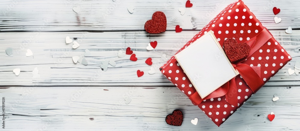 Poster Aerial view of a red polka-dot gift box on a white wooden backdrop with space for text. Includes a blank note and heart-shaped sequins. image with copy space