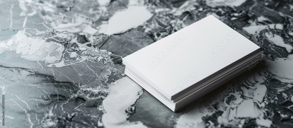 Poster Blank white business cards placed on a sophisticated gray marble backdrop with clipping path for customizing designs on the cards in a copy space image.