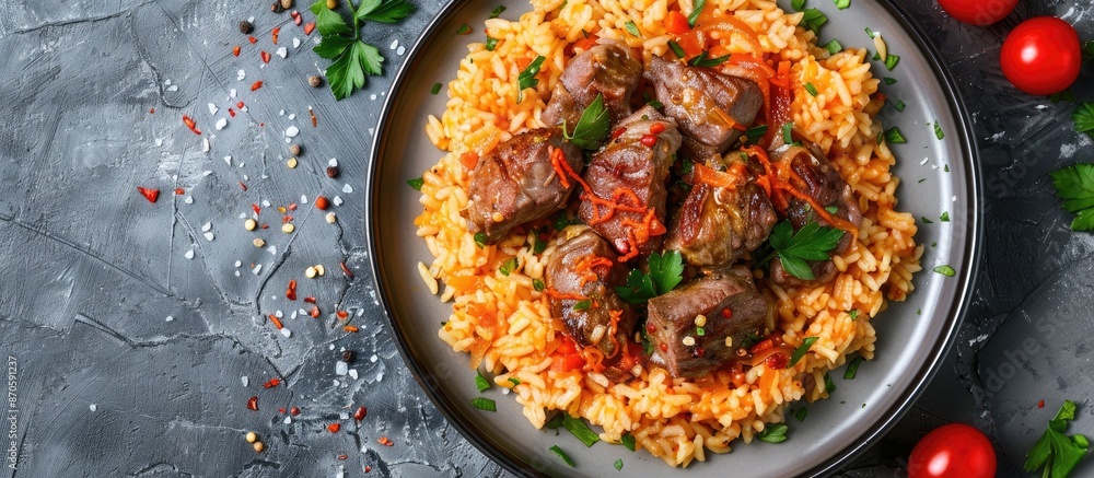 Poster delicious rice and meat with pepper on a gray backdrop with copy space image.