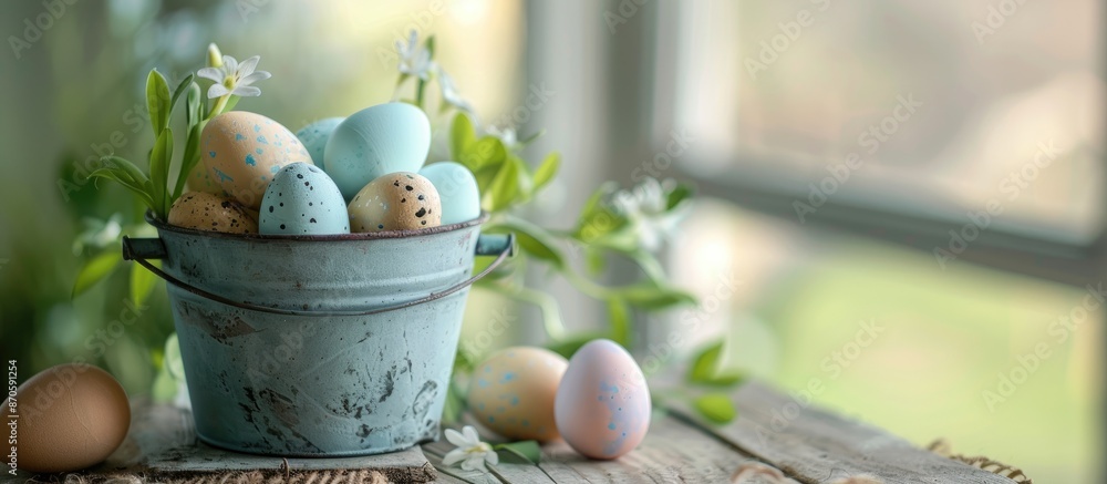 Poster easter-themed decorations featuring a selective focus, including decorative eggs in a bucket, with s