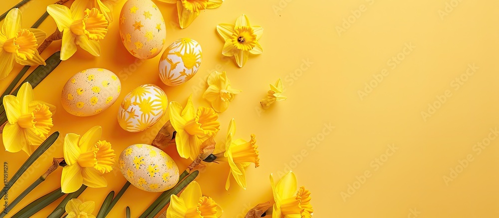 Aufkleber Flat lay composition featuring yellow daffodils and Easter eggs on a matching yellow backdrop with copy space image.