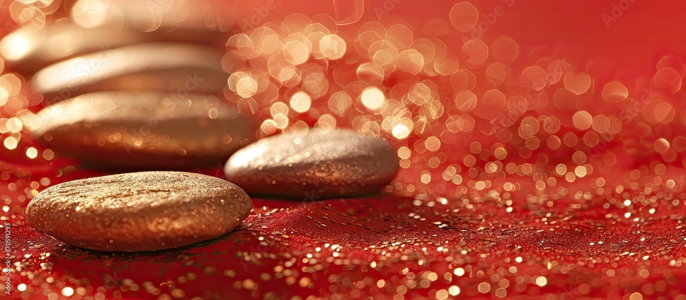 Poster Background of golden stones on a red surface with copy space image.