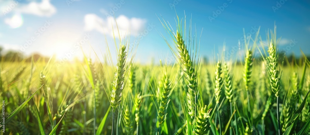 Poster close-up image of green wheat and barley spikelets on a farm field under a blue sky, with space for 