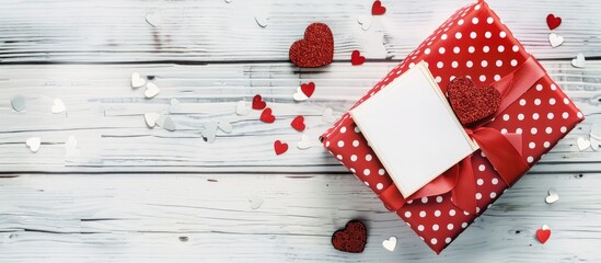 Obraz premium Aerial view of a red polka-dot gift box on a white wooden backdrop with space for text. Includes a blank note and heart-shaped sequins. image with copy space