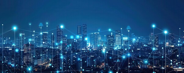 Fototapeta premium Abstract cityscape with interconnected voting icons, digital democracy, modern elections