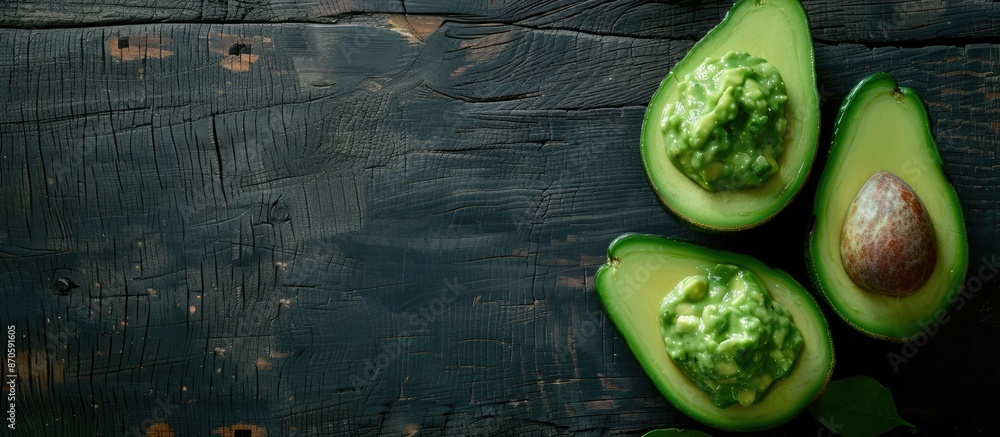 Poster close-up top view of half and whole avocadoes with guacamole sauce, set on a dark wood background, l