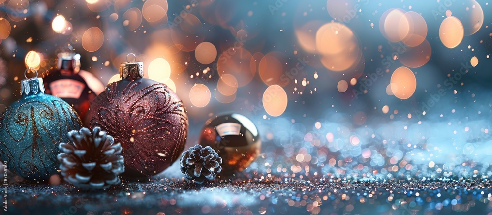 Poster christmas decorations beautifully displayed on a glittery abstract background with copy space image.