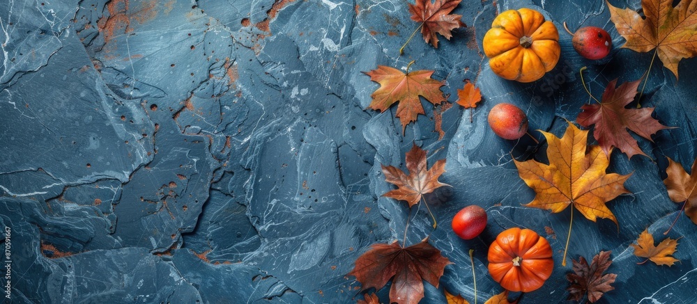 Poster Autumn decor with leaves, pumpkins on stone backdrop in flat lay style. Top view of scene with ample copy space image available.