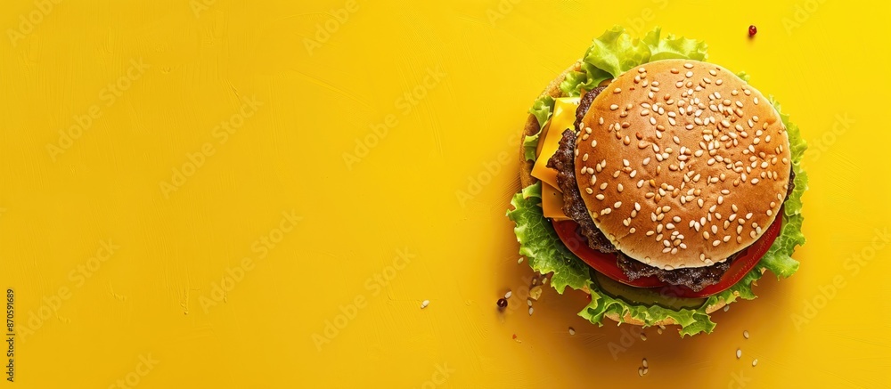Aufkleber copy space image of a tasty burger with condiments on a vibrant yellow backdrop, representing fast f
