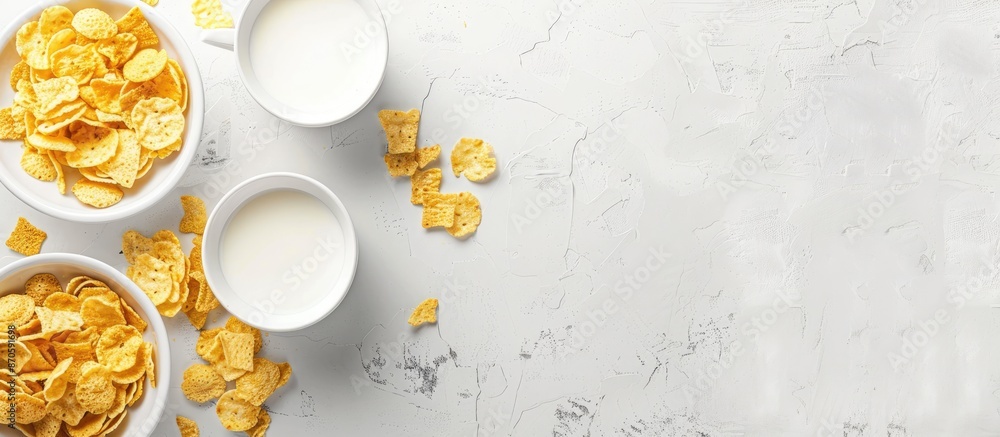 Poster Cornflakes and milk for a nutritious breakfast on a white backdrop with ample copy space image.