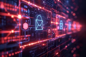 Fototapeta premium Animated depiction of a phishing attempt being blocked by an encrypted system, showcasing data security and digital defense measures.