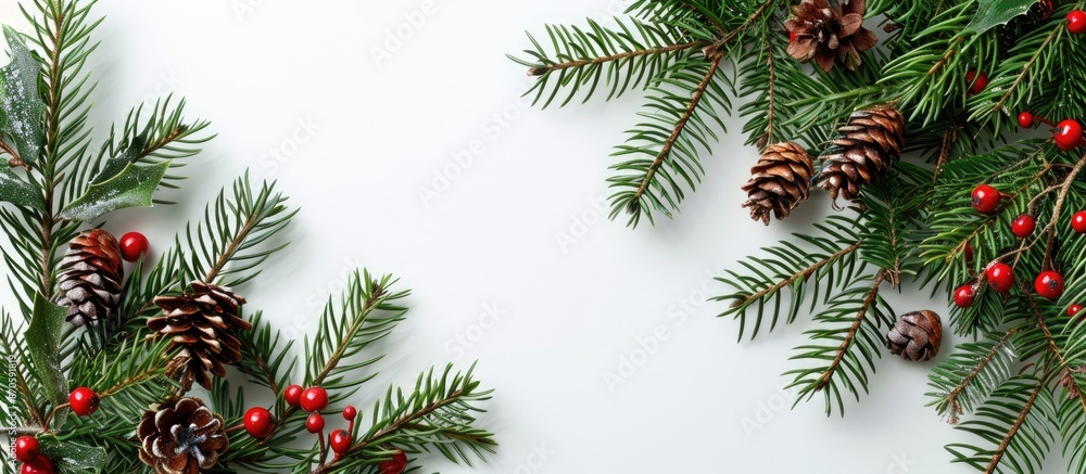 Poster Festive Christmas border featuring fresh fir branches with space for text within the image. image with copy space