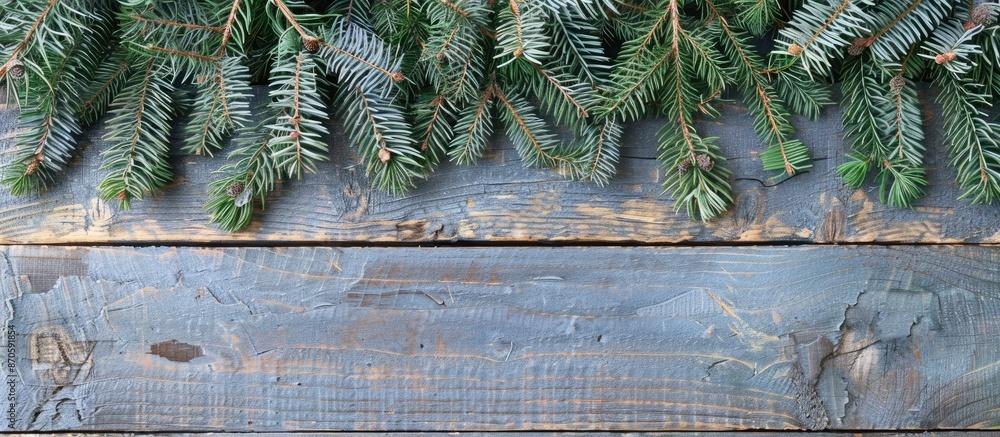 Poster Festive fir branches adorned on a rustic grey wooden backdrop with copy space image.