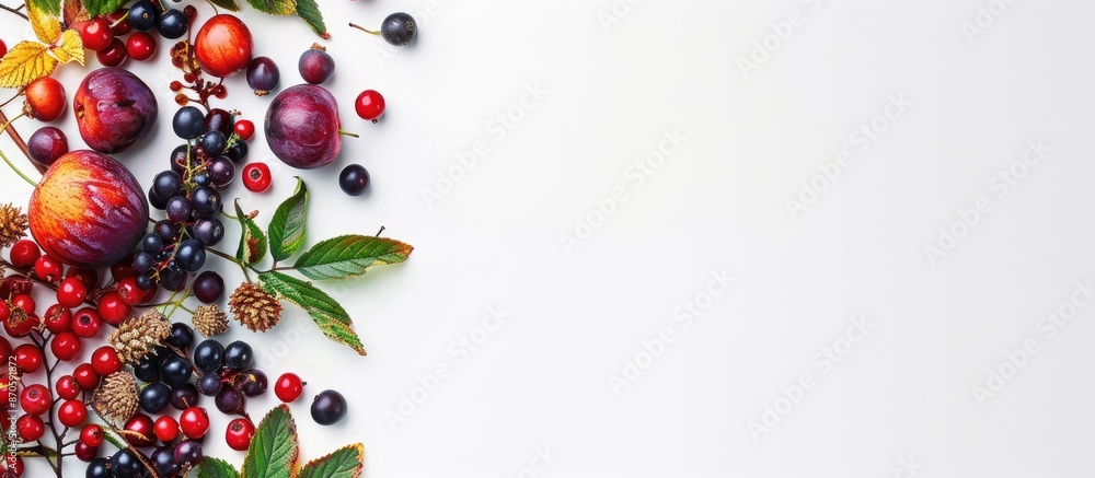 Leinwandbilder Autumn-themed arrangement with berries forming a frame on a white background. Perfect for fall, featuring a flat lay and top view with ample copy space image.